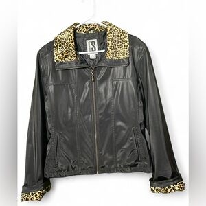 CS Black Bomber Rain resistant Jacket with Optional Leopard Trim Sz M